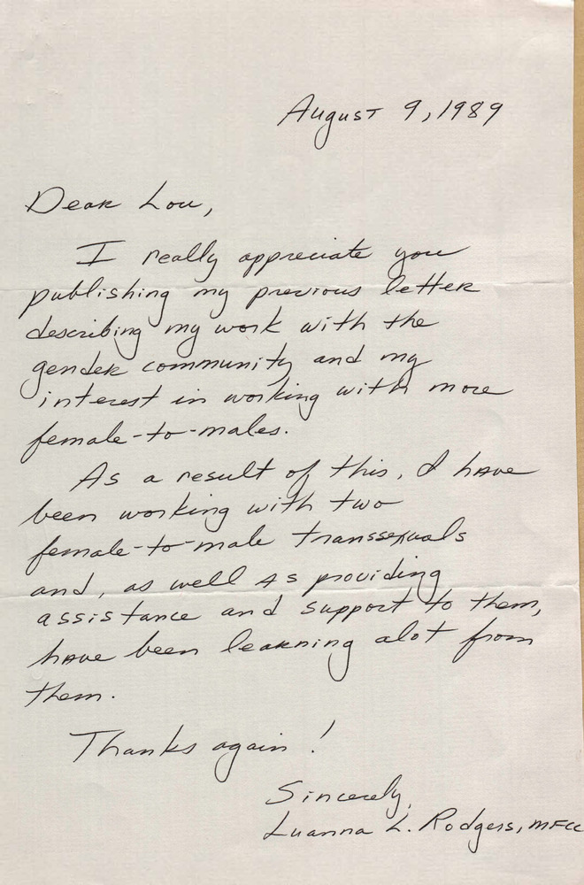 Download the full-sized PDF of Correspondence from Louanna Rodgers to Lou Sullivan (August 9, 1989)