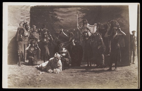 Download the full-sized image of British servicemen performing a sketch. Photograph, 191-.