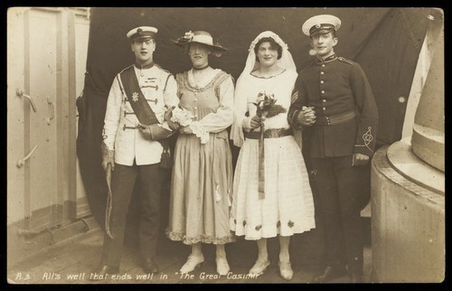 Download the full-sized image of Four sailors performing in the play 'The Great Casimir'. Photographic postcard, 1918.