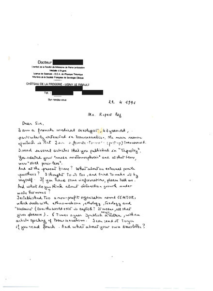 Download the full-sized image of Letter from Dr. [redacted] to Rupert Raj (April 22, 1994)