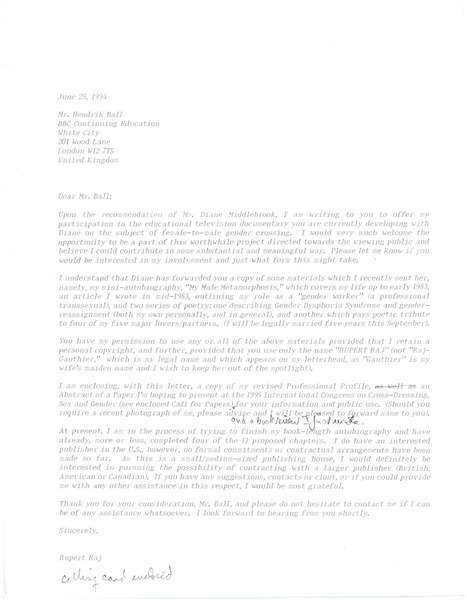 Download the full-sized image of Letter from Rupert Raj to Hendrick Ball of BBC Continuing Education (June 28, 1994)