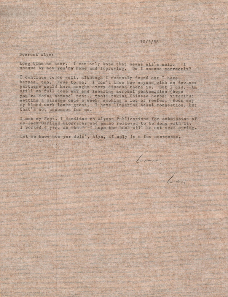 Download the full-sized PDF of Correspondence from Lou Sullivan to Alyn Hess (October 5, 1988)