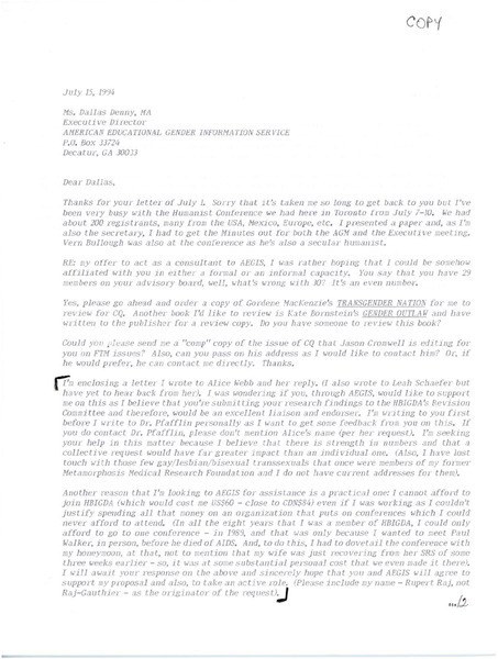 Download the full-sized image of Letter from Rupert Raj to Dallas Denny (July 15, 1994)