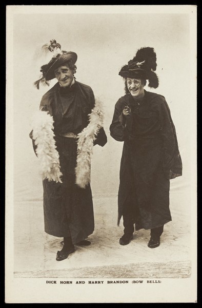 Download the full-sized image of Dick Horn and Harry Brandon dressed as pantomime dames for the Bow Bells concert party. Photographic postcard, 191-.