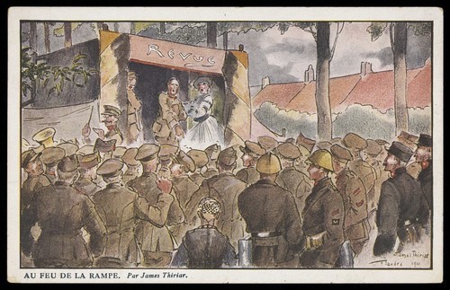 Download the full-sized image of Soldiers watching a revue. Postcard, ca. 1916, after J. Thiriar.