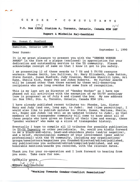 Download the full-sized image of Letter from Rupert Raj to Susan C. Huxford (September 1, 1990)