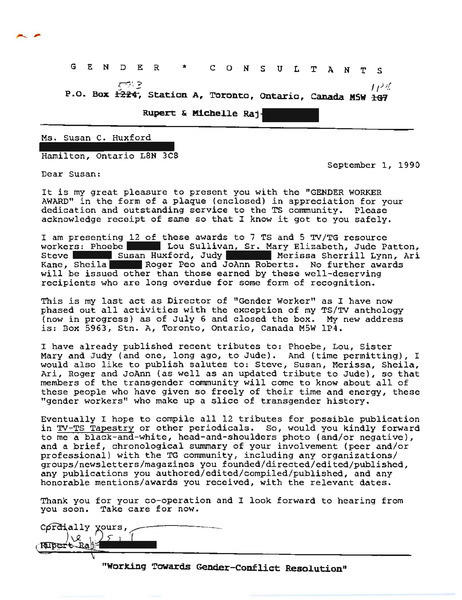 Download the full-sized image of Letter from Rupert Raj to Susan C. Huxford (September 1, 1990)