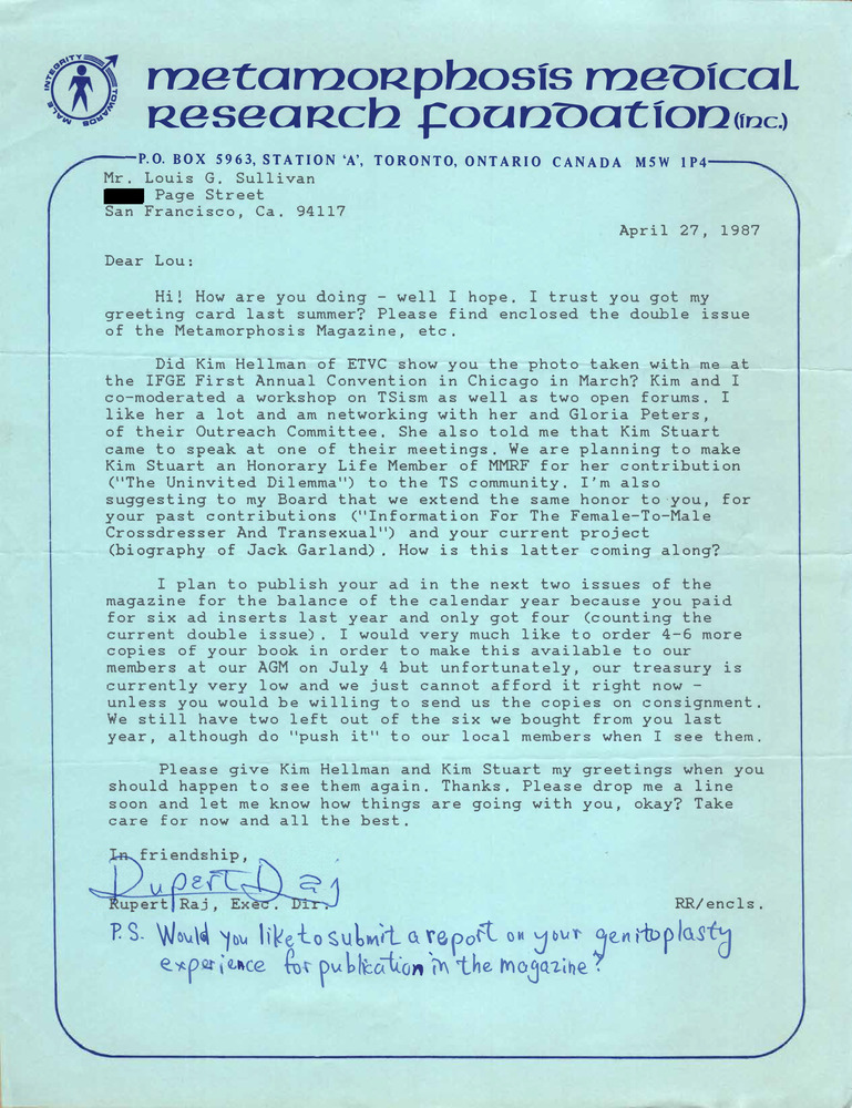 Download the full-sized PDF of Correspondence from Rupert Raj to Lou Sullivan (April, 1987)
