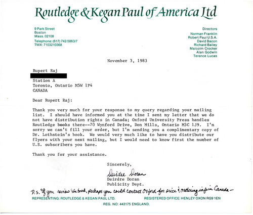 Download the full-sized image of Letter from Deirdre Doran to Rupert Raj (November 3, 1983)