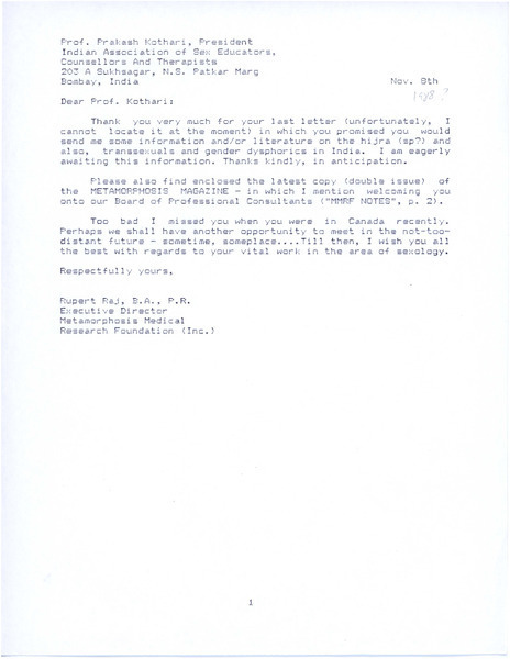 Download the full-sized image of Letter from Rupert Raj to Prof. Prakash Kothari (November 8, 1988)