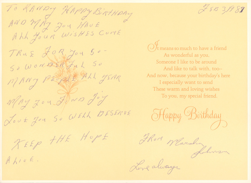 Download the full-sized PDF of A Birthday Card From Marsha P. Johnson to Randy Wicker