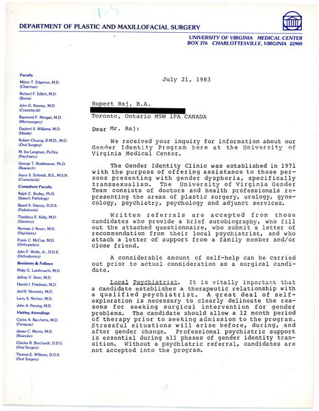 Download the full-sized image of Letter from Milton Edgerton to Rupert Raj (July 21, 1983)