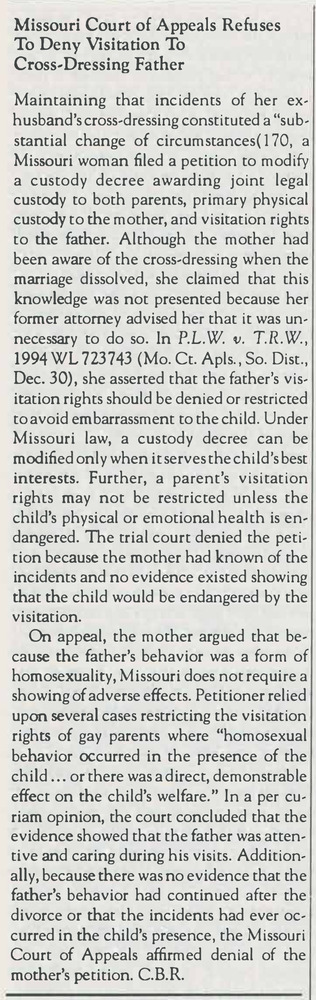 Download the full-sized PDF of Missouri Court of Appeals Refuses To Deny Visitation To Cross-Dressing Father