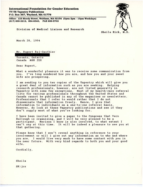 Download the full-sized image of Letter from Sheila Kirk to Rupert Raj (May 28, 1994)