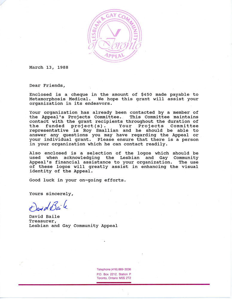 Download the full-sized PDF of Letter from the Lesbian and Gay Community Appeal of Toronto to Metamorphosis (March 13, 1988)