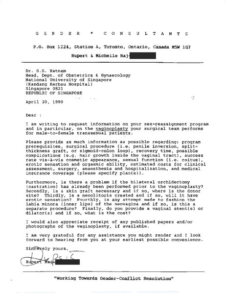 Download the full-sized image of Letter Rupert Raj to Dr. S.S. Ratnam (April 20, 1990)