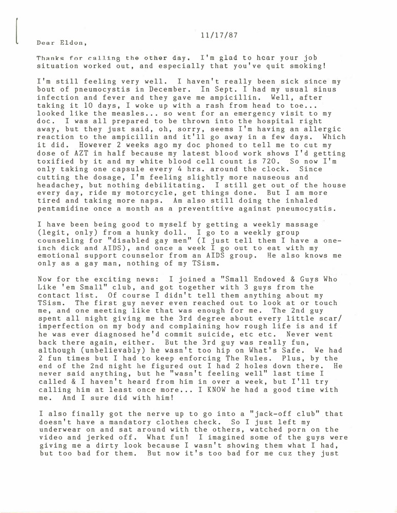 Download the full-sized PDF of Correspondence from Lou Sullivan to Eldon Murray (November 17, 1987)
