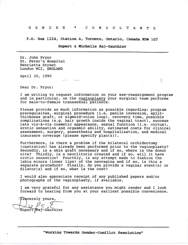 Download the full-sized PDF of Letter from Rupert Raj to Dr. John Pryor (April 20, 1990)