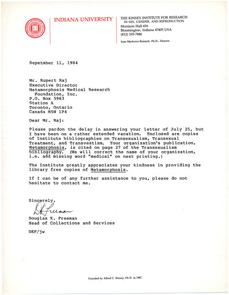 Download the full-sized image of Letter from Douglas K. Freeman to Rupert Raj (September 11, 1984)