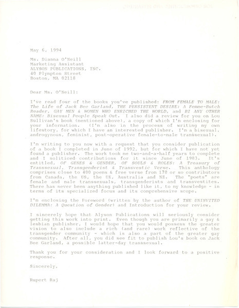 Download the full-sized image of Letter from Rupert Raj to Ms. Dianna O'Neill (May 6, 1994)