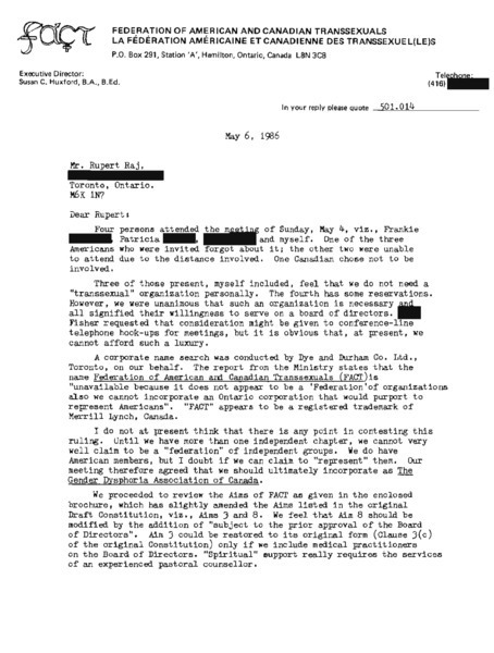 Download the full-sized image of Letter from Susan C. Huxford to Rupert Raj (May 6, 1986)
