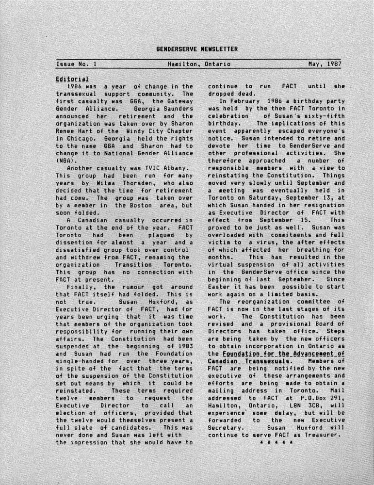 Download the full-sized PDF of GenderServe Newsletter Issue No. 1 (May 1987)