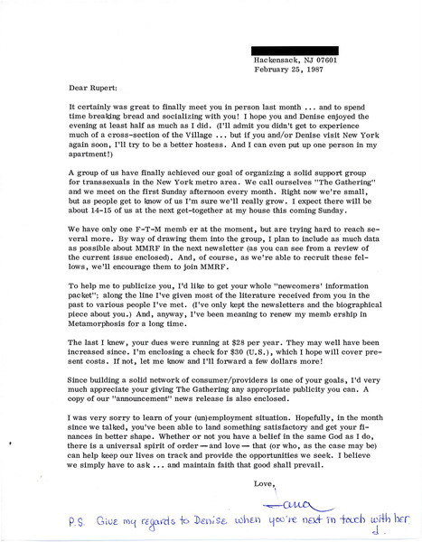 Download the full-sized image of Letter from Jana to Rupert Raj (Feburary 25, 1987)