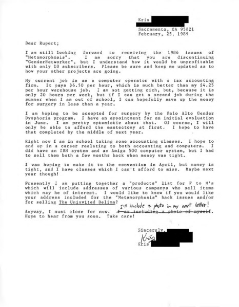 Download the full-sized image of Letter from Kris [redacted] to Rupert Raj (February 25, 1989)