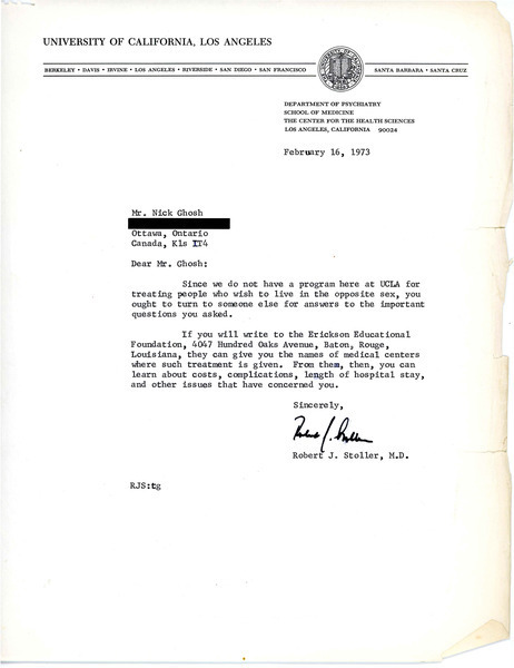 Download the full-sized image of Letter from Robert J. Stoller to Rupert Raj (February 16, 1973)