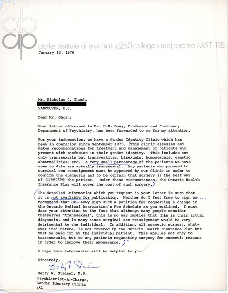 Download the full-sized image of Letter from Betty W. Steiner to Rupert Raj (January 13, 1976)