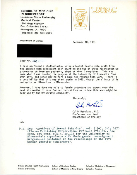 Download the full-sized image of Letter from Colin Markland to Rupert Raj (December 10, 1981)