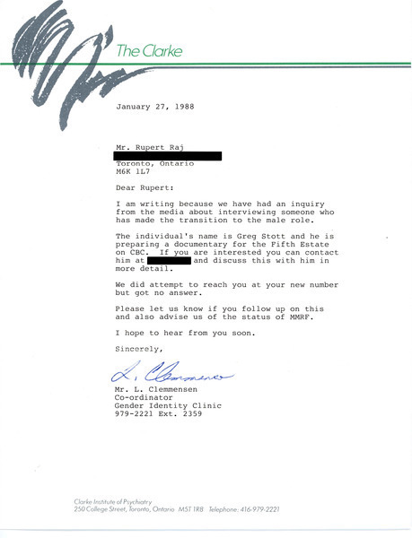 Download the full-sized image of Letter from L. Clemmensen to Rupert Raj (January 27, 1988)
