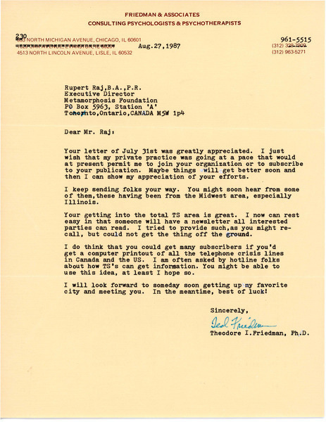 Download the full-sized image of Letter from Theodore I. Friedman to Rupert Raj (August 27, 1987)