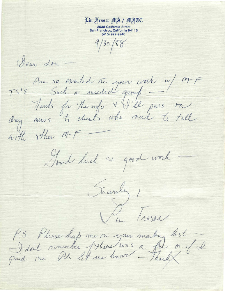 Download the full-sized PDF of Correspondence from Lin Fraser to Lou Sullivan (September 30, 1988)