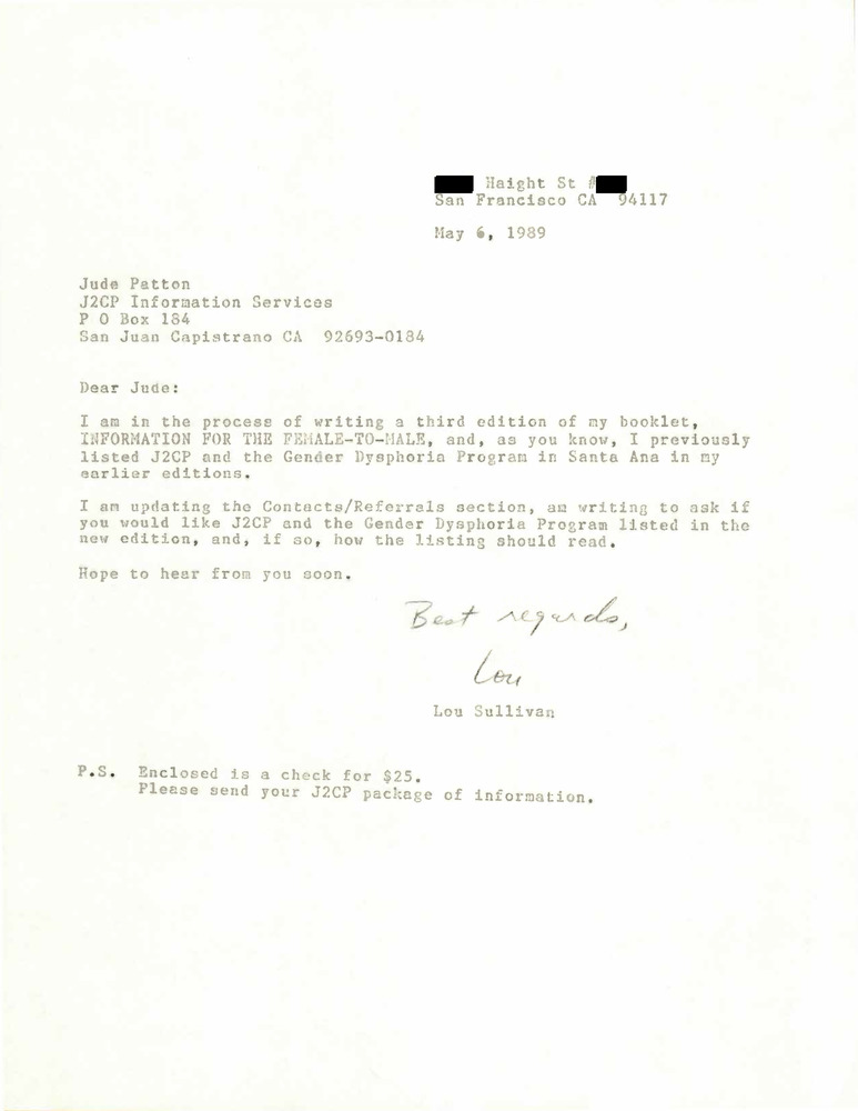 Download the full-sized PDF of Correspondence from Lou Sullivan to Jude Patton (May 6, 1989)