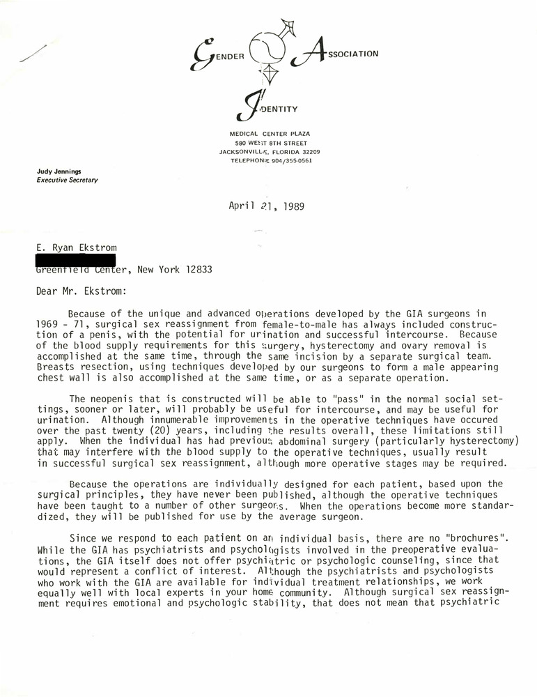 Download the full-sized PDF of Correspondence from Judy Jennings to E. Ekstrom (April 21, 1989)