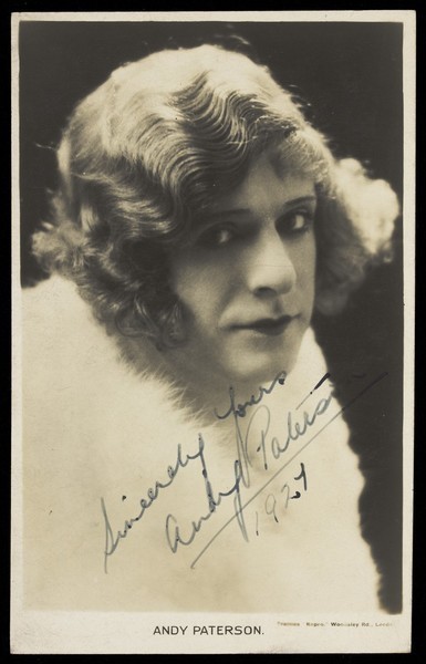 Download the full-sized image of Andy Paterson in drag. Photographic postcard, 1921.