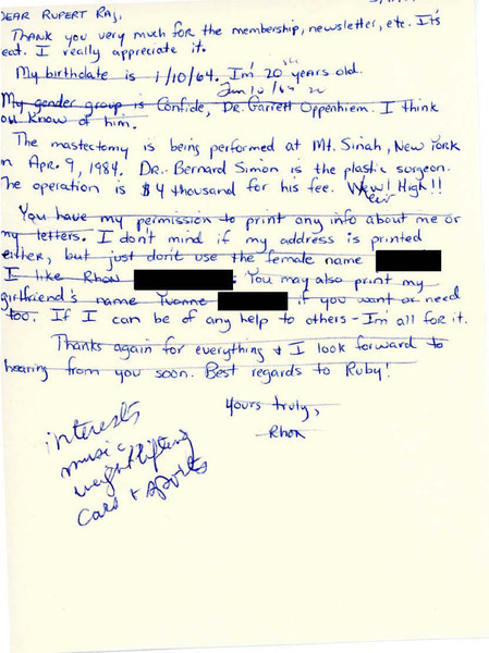 Download the full-sized image of Letter to Rupert Raj from Rhon (1984)