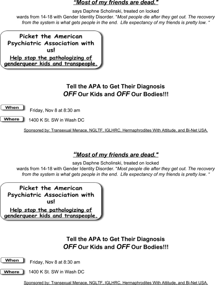 Download the full-sized PDF of Picket the American Psychiatric Assocation With Us! Flyer