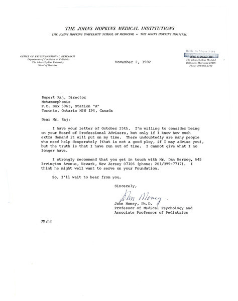 Download the full-sized image of Letter from John Money to Rupert Raj (November 2,  1982)