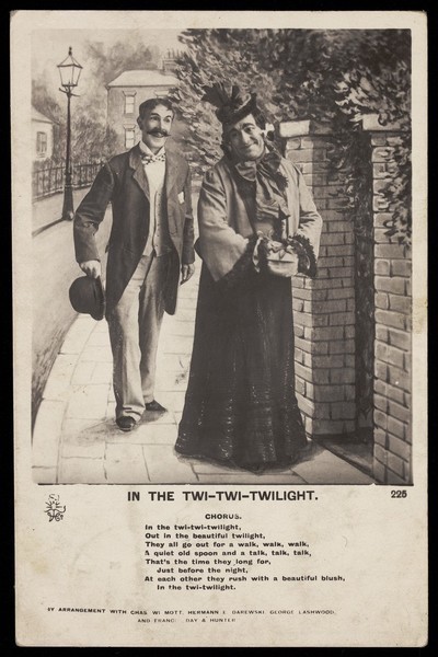 Download the full-sized image of George Lashwood in drag performing a song about two lovers at twilight. Photographic postcard, 190-.