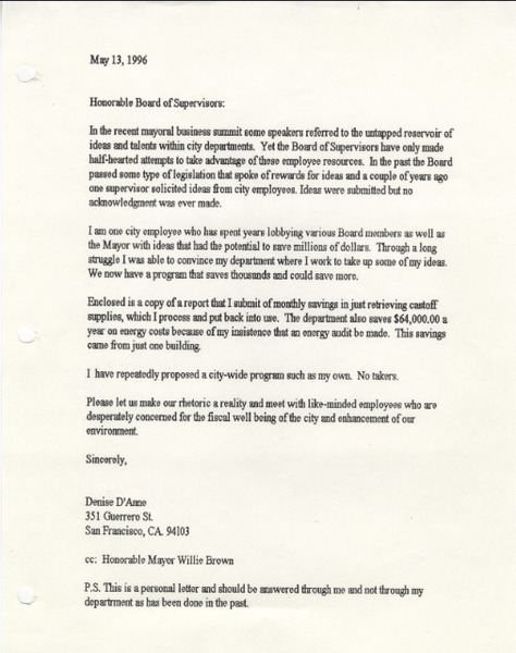 Download the full-sized image of Denise D'Anne's Correspondence with Board of Supervisors