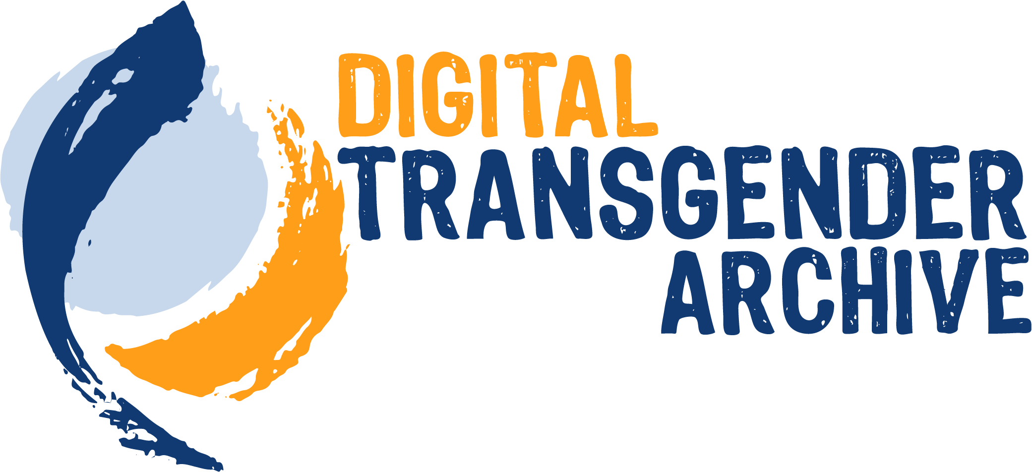Logo for the Digital Transgender Archive, a light blue circle beneath a dark blue swoop and an orange brushstroke next to the circle