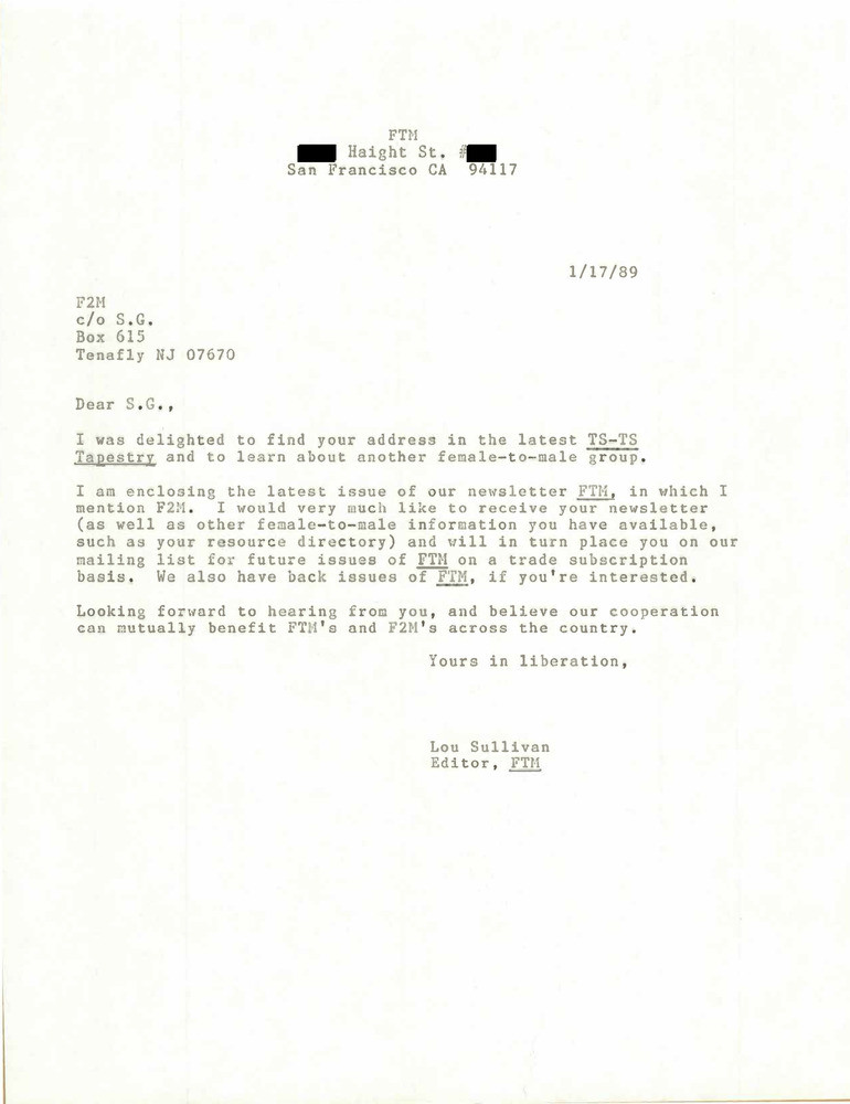 Download the full-sized PDF of Correspondence from Lou Sullivan to S.G. (January 17, 1989)