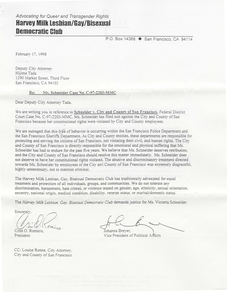 Download the full-sized PDF of Harvey Milk LGBT Club Schneider letter