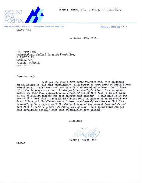 Download the full-sized image of Letter from David L. Shaul to Rupert Raj (November 12, 1984)
