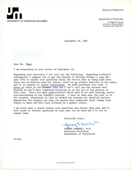 Download the full-sized image of Letter from Joseph Lamberti to Rupert Raj (September 16, 1981)