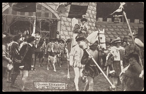 Download the full-sized image of A re-enactment of Queen Elizabeth I at Tilbury. Postcard, ca. 1929.