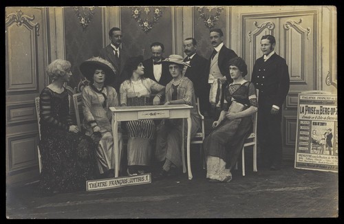 Download the full-sized image of Actors performing French theatre at a prisoner of war camp in Cottbus. Photographic postcard, 191-.