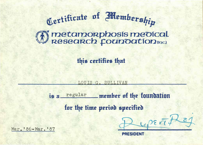 Download the full-sized PDF of Lou Sullivan's Metamorphosis Membership Certificate (March 1986-March 1987)